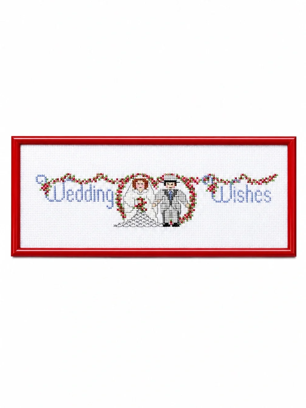 Vintage Wedding Wishes Cross Stitch Red Metal Frame Handmade